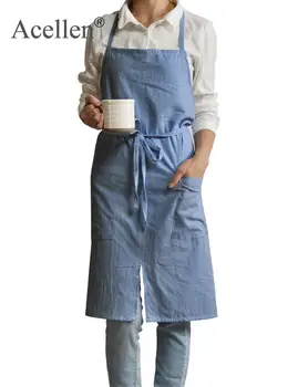 

Nordic wind Adult unisex cotton linen apron simple sleeveless with pocket bib Coffee shops lace solid color art flower shop