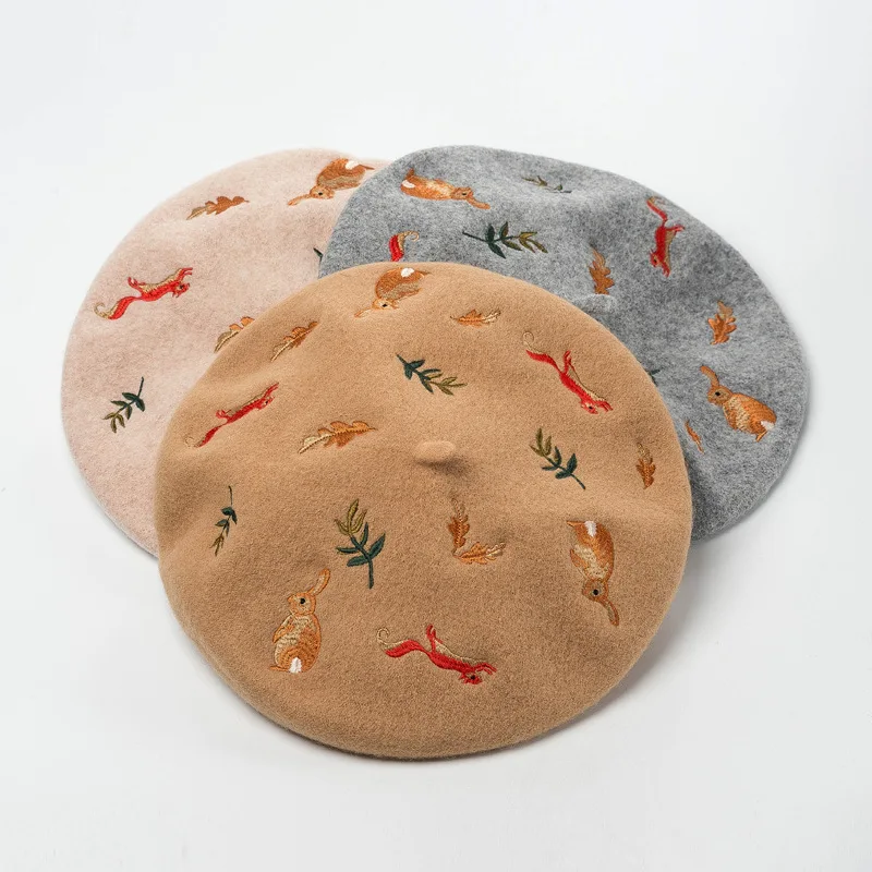 

Fashion Wool Cute Rabbit leaves Pattern beret Christmas Beret DIY Originality Party Hat Gift for women