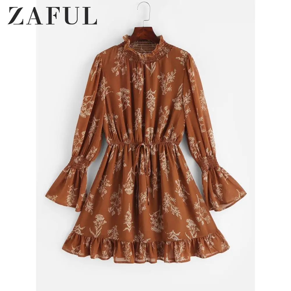 ZAFUL Shirred Flower Print Bell Sleeve Dress For Women A-Line Mock Neck Long Sleeve Belt Mini Drawstring Female Dress