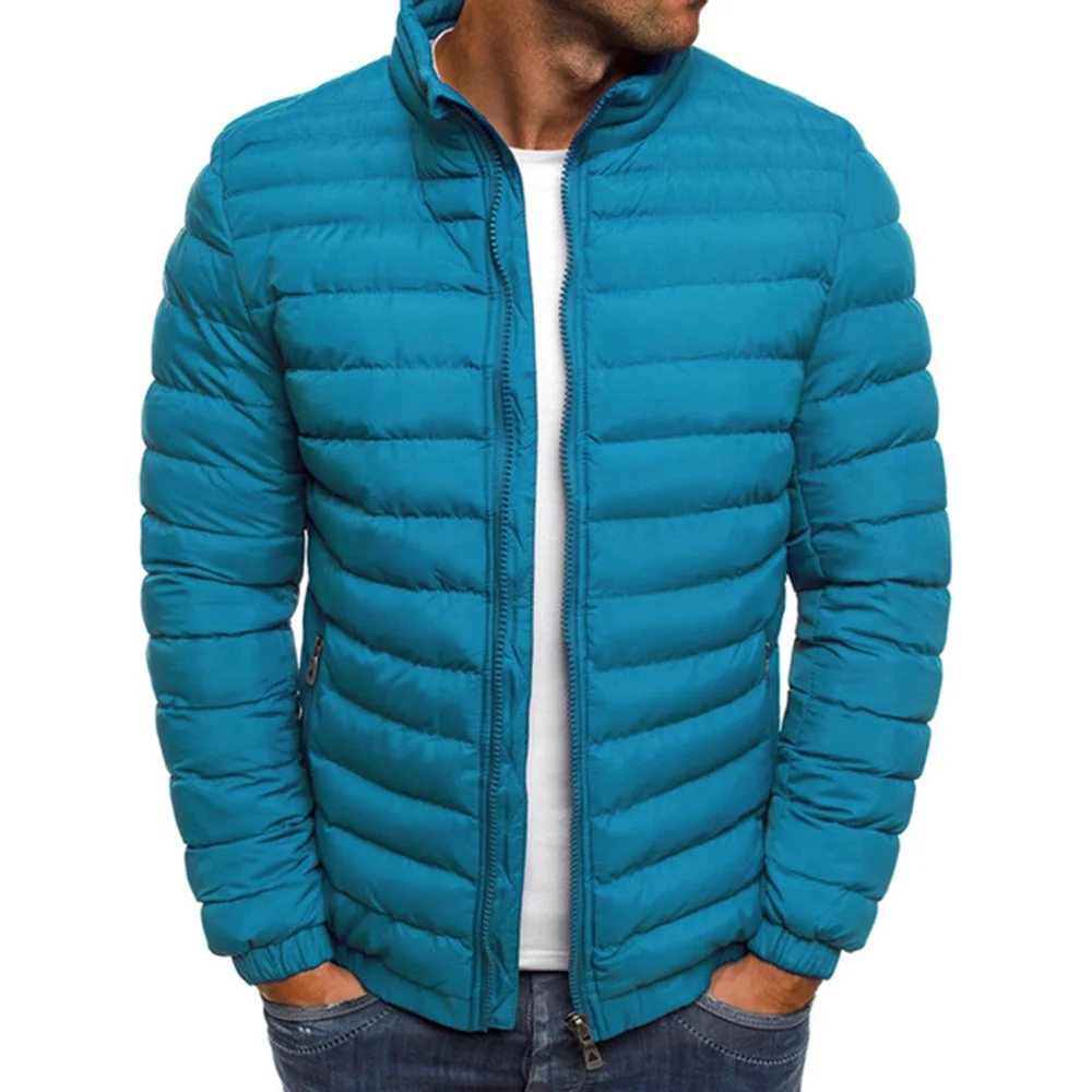 Мужские осенне-зимние теплые легкие куртки, ветрозащитные однотонные парки с карманами и стоячим воротником, мужское Полосатое приталенное пальто, уличная одежда - Color: sky blue
