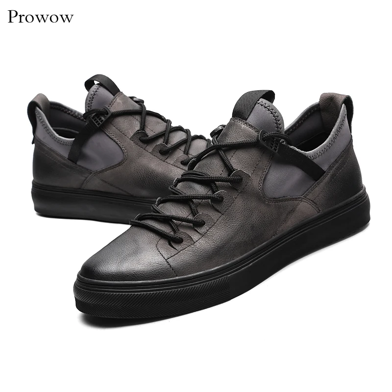 

Prowow Genuine Leather First Grade Cow Leather Sneakers Men's Casual Shoes Fashion Male Lace up Flats Breathable Black Shoes