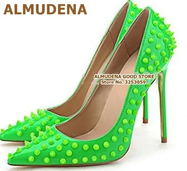 green 12cm ALMUDENA, 8, 10, 12 см; туфли на шпильке с острым носком и заклепками; красные, розовые, черные свадебные туфли с шипами; модельные туфли-лодочки с шипами; размер 45 - Цвет: green 12cm