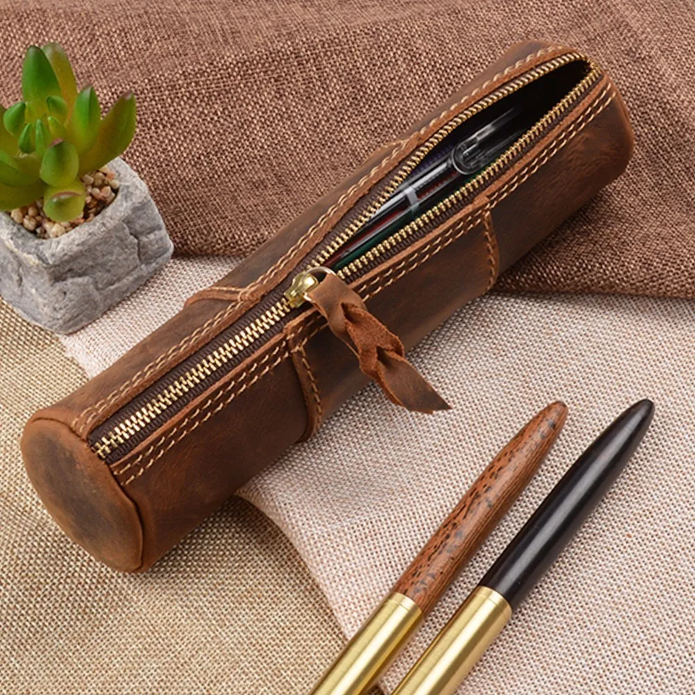 Genuine Leather Zipper Pen School Vintage Product Creative Pencil Stationary Model Trinodal Retro Handmade Bag Style