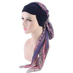 Женский головной платок шапочка для сна длинный легкий галстук Цветочные аксессуары с узором химиотерапия шляпа мусульманский хиджаб