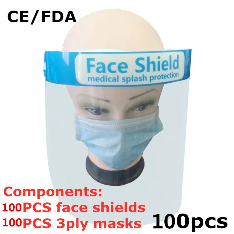 

100pcs Transparent disposable protective anti-fog Face splash shield with 100pcs 3ply mask free