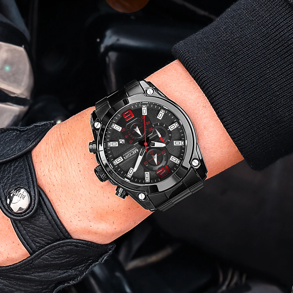 MEGIR Men Watch Business Full Steel Quartz Watches Chronograph Men Casual Waterproof Date Sports Watch Clock Relogio Masculino