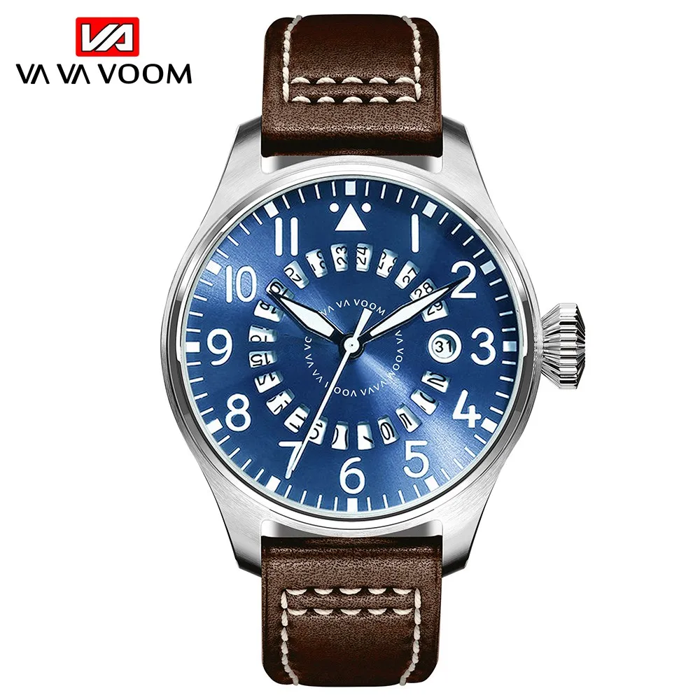 Airplane Sports Military Blue Dial Pilot Calendar Men Wristwatch Chronograph Fashion Casual Brand Army Brown Leather Watches 