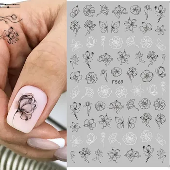 

1 Sheet Black White Floral 3D Nail Art Stickers Sliders Flowers Leaves Mandala Leaf Geometry Adhesive Nail Decals Foil Design