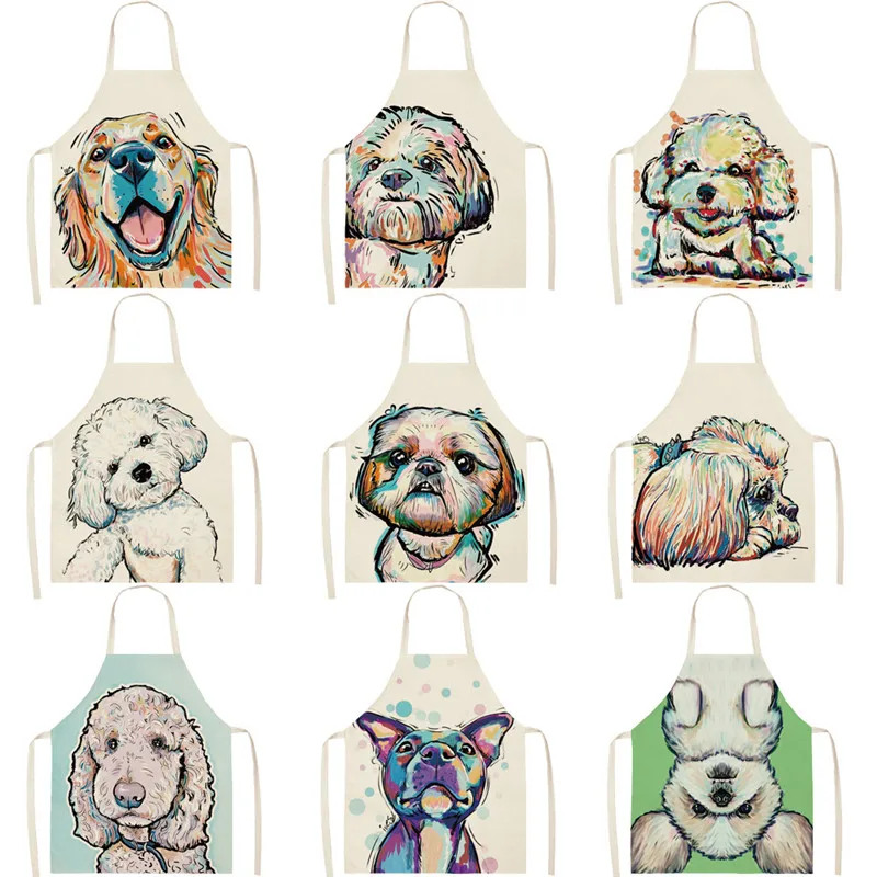 Kitchen Aprons Cotton Linen Aprons Lovely Dog for Women Sleeveless Home Cooking Baking Bibs Cleaning Tools 66x47cm 47x38cm