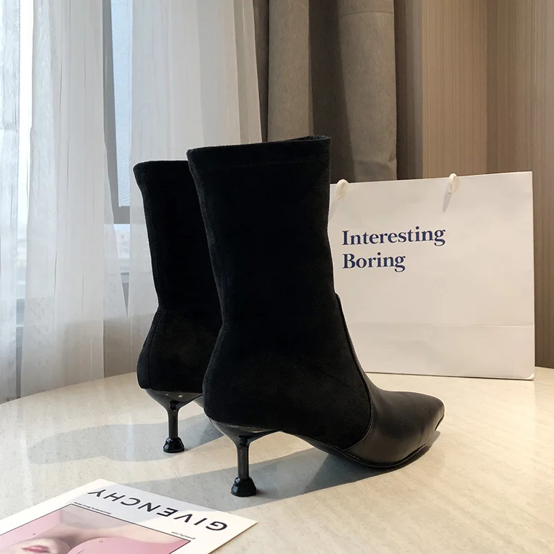 elegant ladies pointed toe leather patchwork winter boots slip on kitten high heels flock med-calf boots stretch sock botines y2