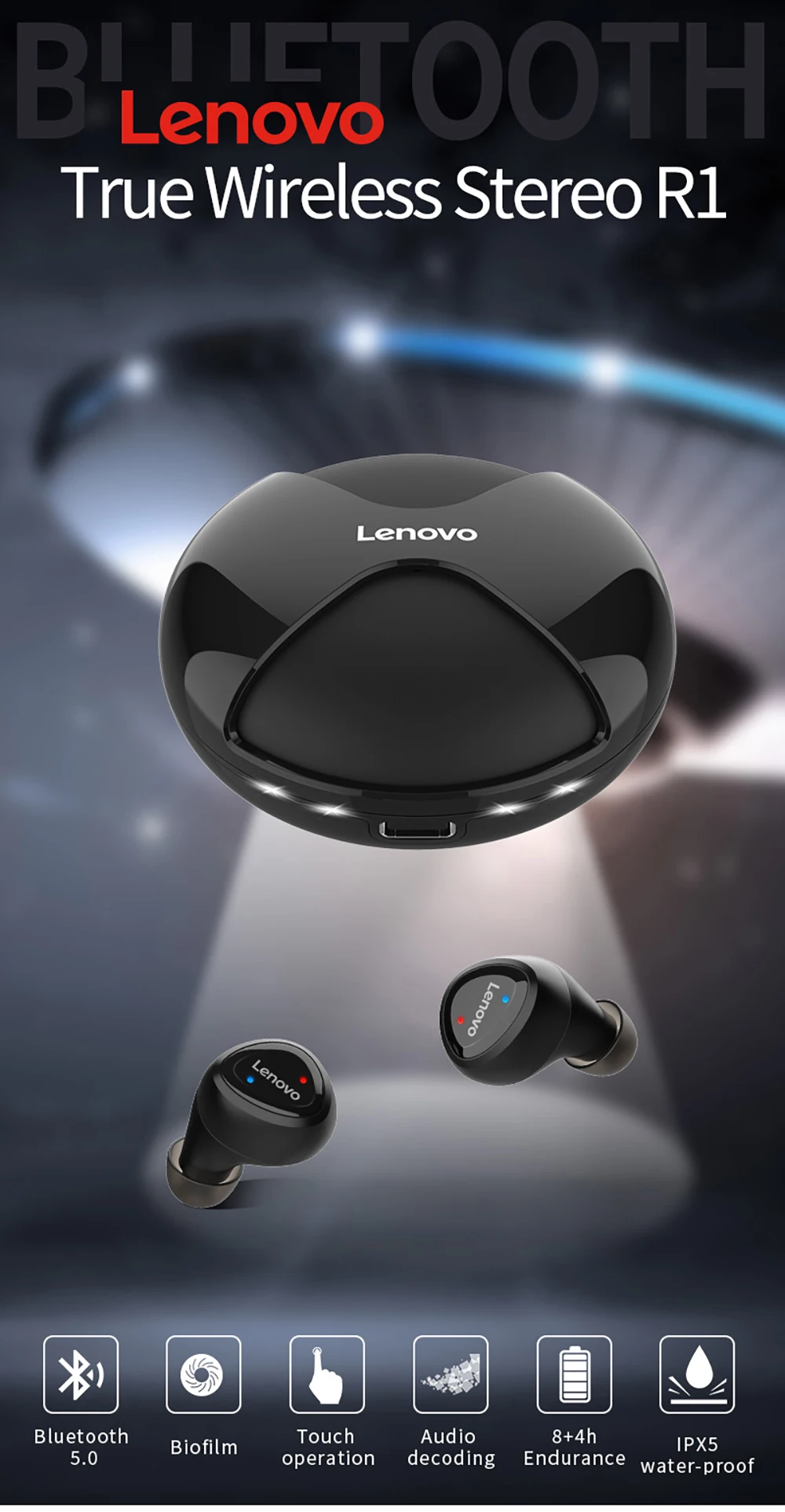 Lenovo R1 TWS беспроводные наушники Bluetooth 5,0 наушники IPX5 Водонепроницаемый Дизайн HIFI Двойные стерео музыкальные спортивные наушники с микрофоном