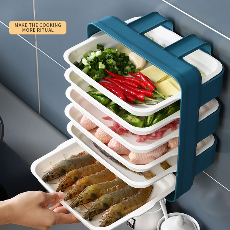 Plastic Plates Set With Wall Mounted Holder Space Saving Kitchen Food Storage Organizer Stackable Cooking Dishes Plate - 6 Pcs