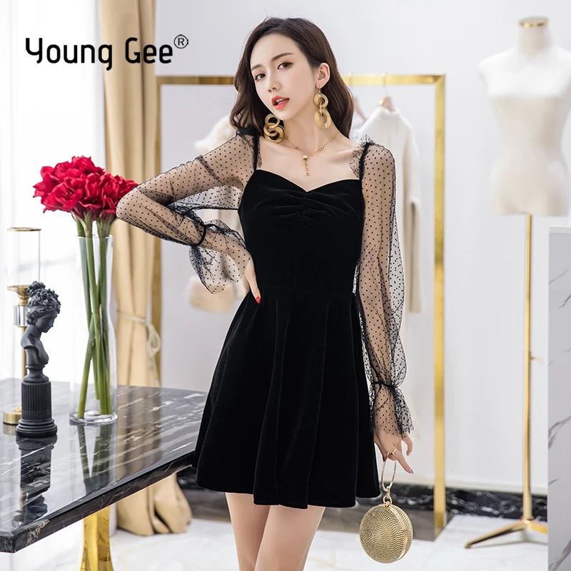 Jong Gee Vrouwen Herfst Winter Vintage Zwart Jurk Elegante Stippen Mesh Patchwork Lange Mouwen Party Jurken Vestidos|Jurken| - AliExpress