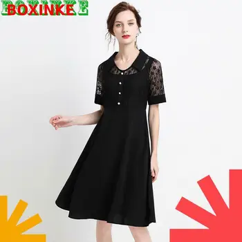 

2020 Summer New Fashion Large Short Sleeve Womens Wear The Korean Version Is Sexy And Thin Lapel Casual Lace Panel Dress