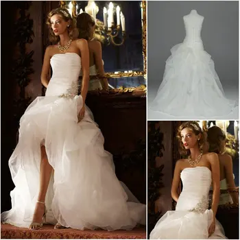 

2016 New Arrival Best Selling Strapless Applique Organza Ruffled High Low Wedding Dresses New Arrival