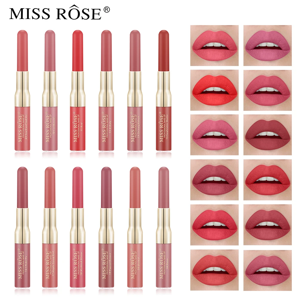 Miss Rose 12 Colors Double-ended Lip liner Long-lasting Matte Lip Glaze sexy red Velvet Lipstick Makeup Cosmetics Tools TSLM1