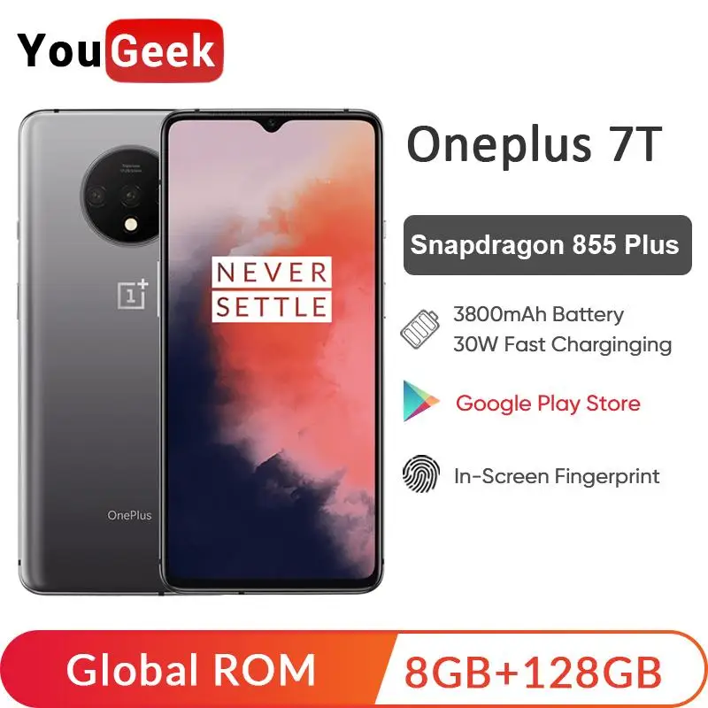 Мобильный телефон с глобальной ПЗУ OnePlus 7 T 7 T 8GB 128 GB, Восьмиядерный процессор Snapdragon 855 Plus, экран 6,55 дюйма, 48мп, тройная камера, телефон nfc