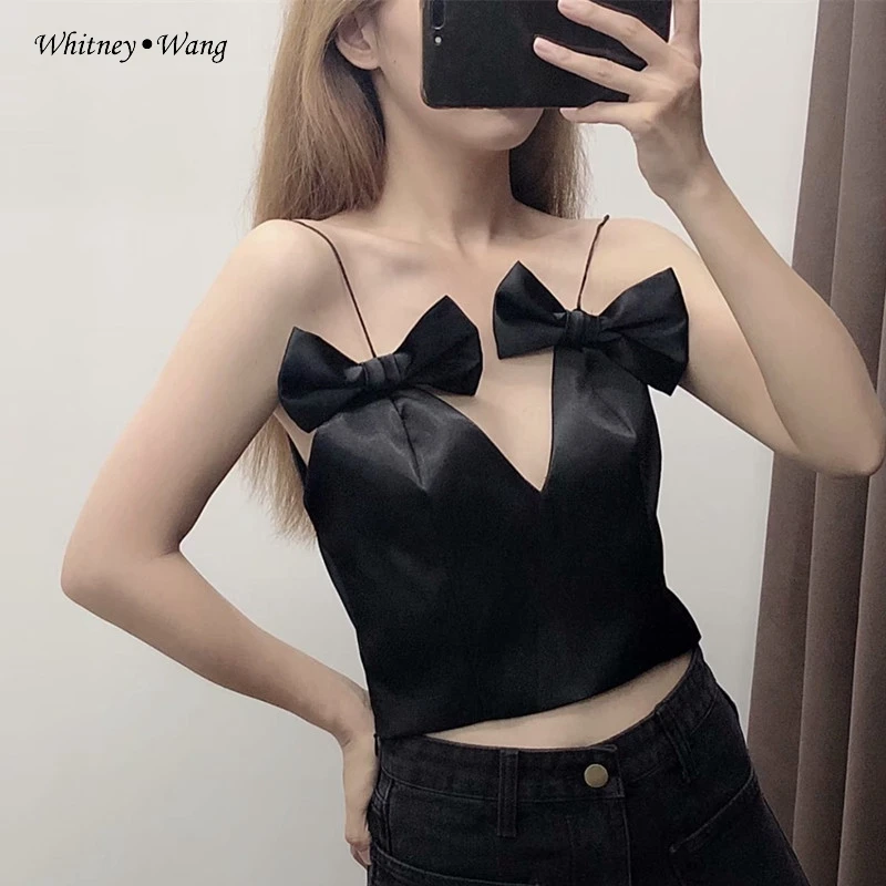 WHITNEY WANG, модная уличная одежда, сексуальная майка с v-образным вырезом и бантиками, женские топы, футболка, женская футболка