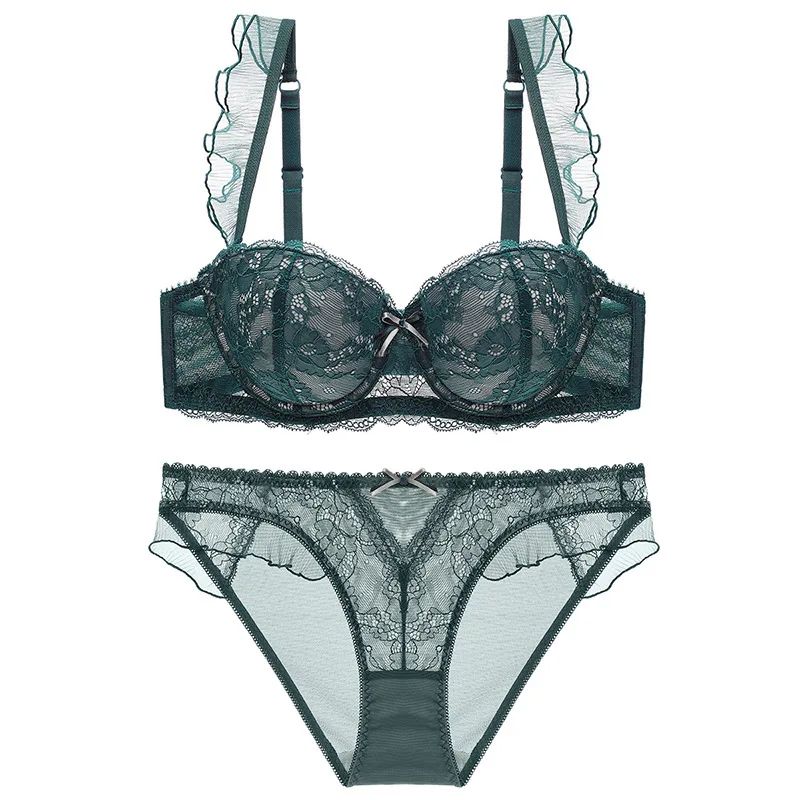 

Super Gather Fashion Black Underwear Women Bra Set Push Up Brassiere Cotton Thick Deep V Sexy Bras Lace Lingerie Sets Embroidery