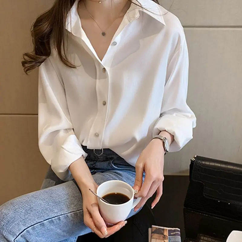 

Women Blouses soft Comfortable Shirt Long Sleeve Casual Chiffon lapel Women Tops Vogue Shirt Loose Single-breasted Shirts