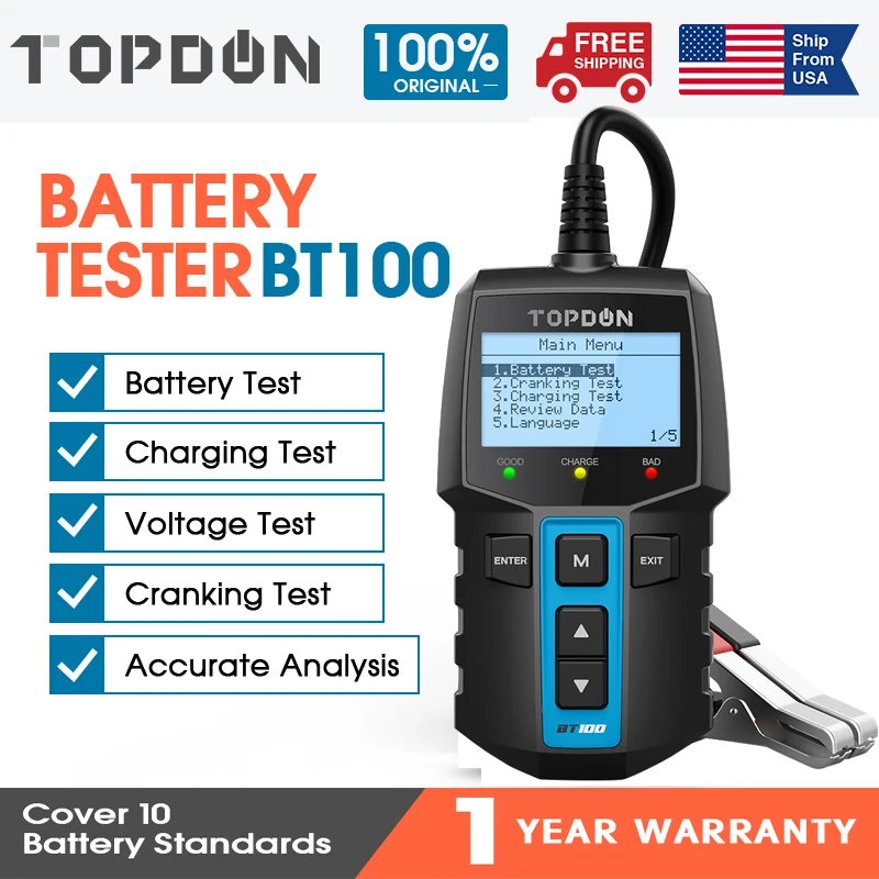 TOPDON BT100 автомобильный тестер батареи 12V 100 2000 CCA Авто Зарядка Circut нагрузка