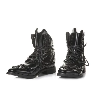 

British Men Designer Winter Crystal Beaded Vintage Ankle Boots Pointed Genuine Leather Punk Shoes Black High Top Sneakers