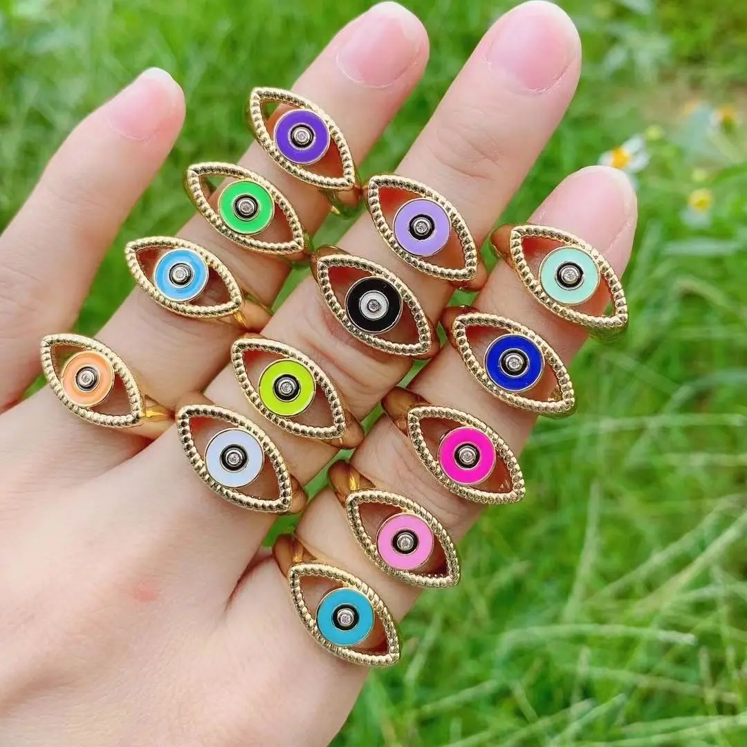 

10PCS, Bohemian Enamel Eye Colorful Gold Rings For Women Vintage Ladies Turkish Lucky Open Finger Ring Vintage Jewelry