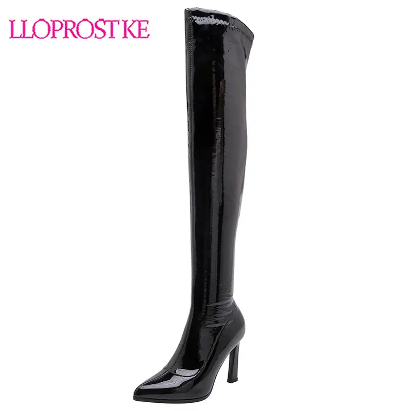 

Lloprost ke Autumn Sexy Thin High Heels Motorcycle Boot Ladies Gloss PU Leather Over the Knee Boots Woman Shoes Size 34-43 H640