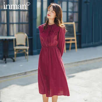 

INMAN 2020 Spring New Arrival Literary Doll Colar Lace Nipped Waist Single-breasted A-line Long Sleeve Dress