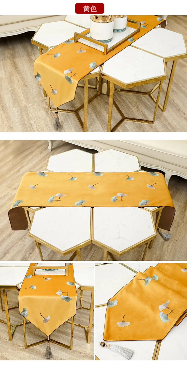 Luxury Embroidery ginkgo leaf Velvet Table Runner New Chinese style Table Decoration Tea Table Cloth Christmas Dining Table Mat
