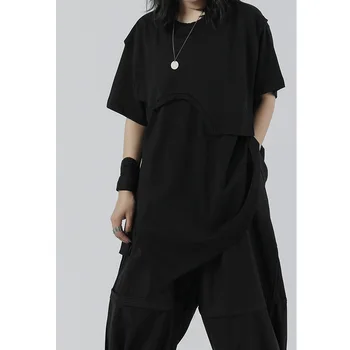 

WOMEN 2020 Summer New Solid O-neck Casual T-shirt Patchwork Pullover Fashion Streetwear Irregular Short Sleeve Girl Female A433