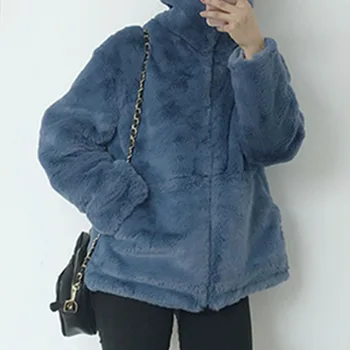 

2020 Women Winter Autumn Faux Fur Overcoat Korean Style Pockets Plush Fleece Thick Coats Japanese Casual Outwears Female Top