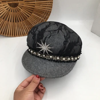 

Female new winter wool hat Lace temperament socialite octagonal retro joker newsboy visors