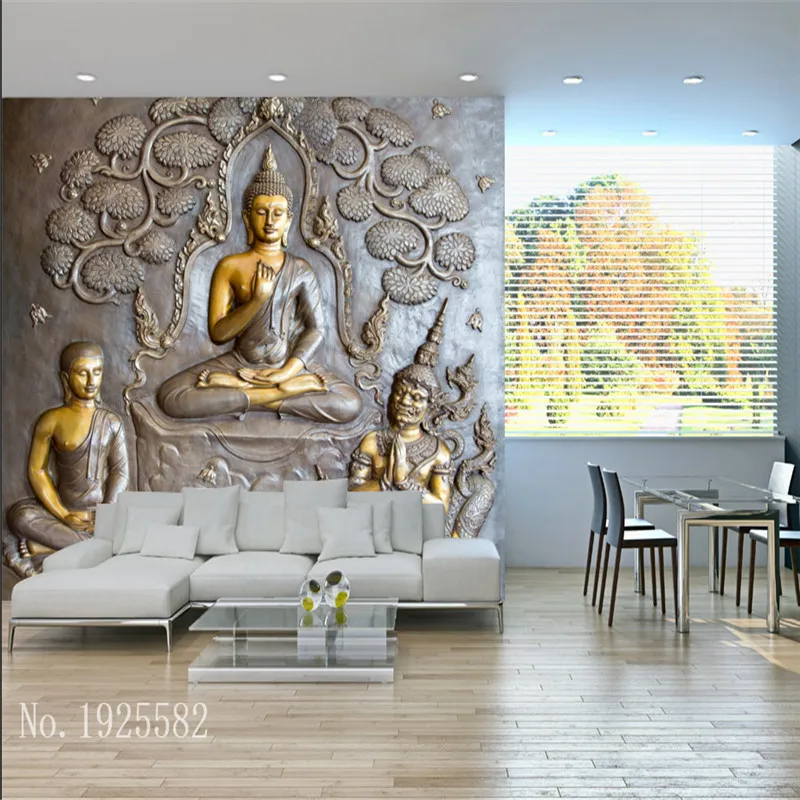 Thail стиль тисненая статуя Будды Настенная бумага для гостиной, ресторана, коридора, прохода, декора стен 3D