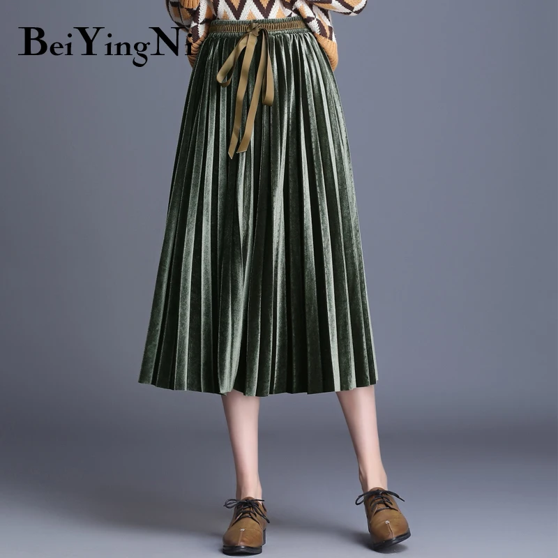 Beiyingni осенне-зимние женские плиссированные юбки винтажная Плиссированная Юбка-миди с поясом больших размеров Элегантные универсальные юбки для женщин s Fladas
