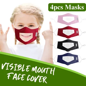 

4pc Child Face Mask With Clear Window Visible Expression Reusable Transparent Protective Mouth Mask Washable Mascarillas Earloop