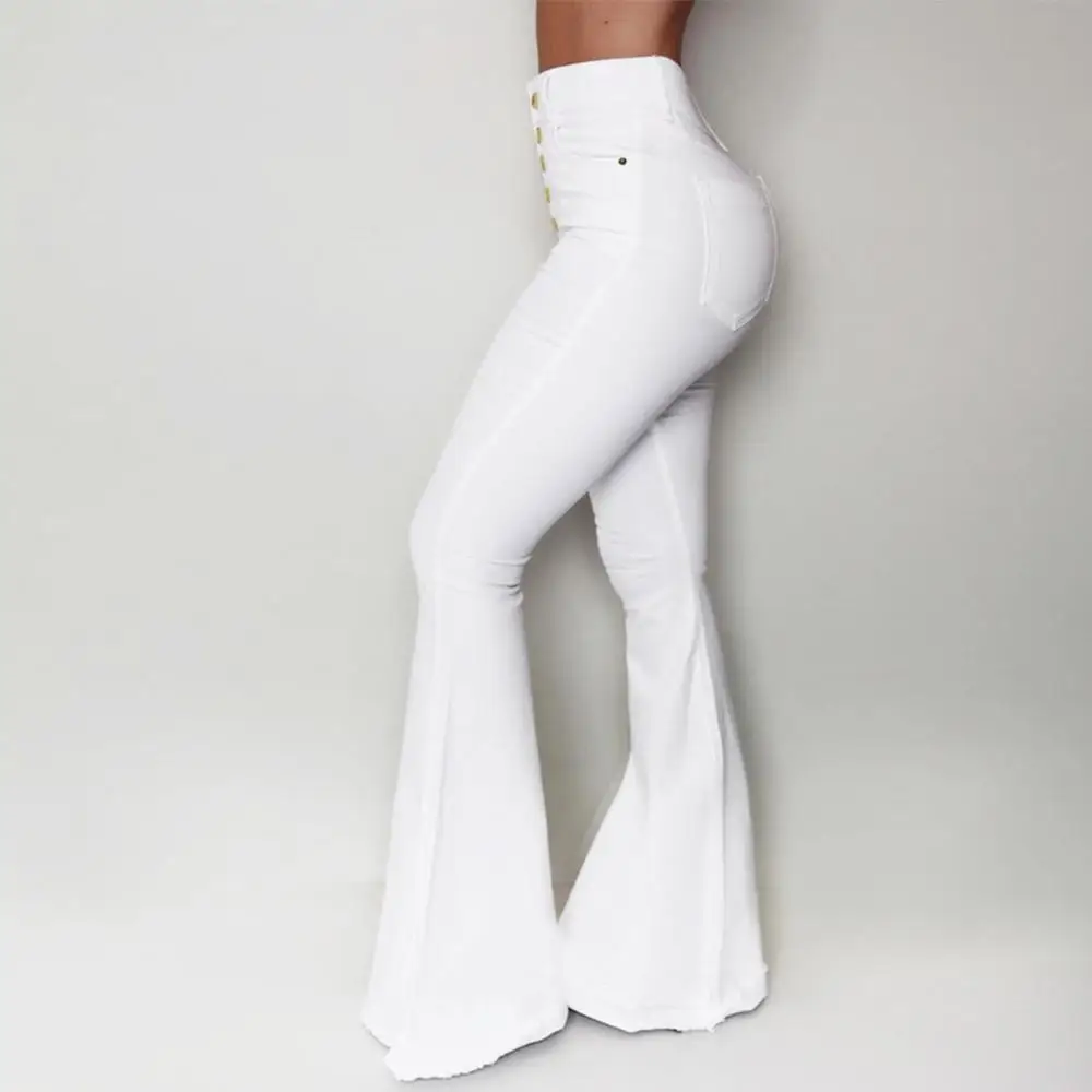 Women Button High Waist Flare Pants 