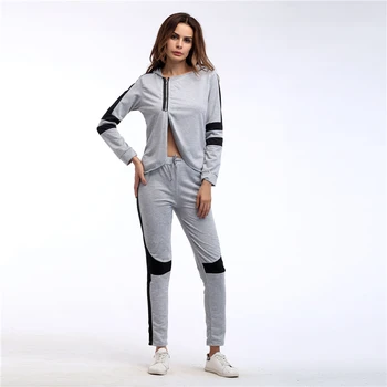 

5464 # Slim Fit Contrast Color-Navel Long Sleeve Sports Set Irregular Joint Set 2020 New