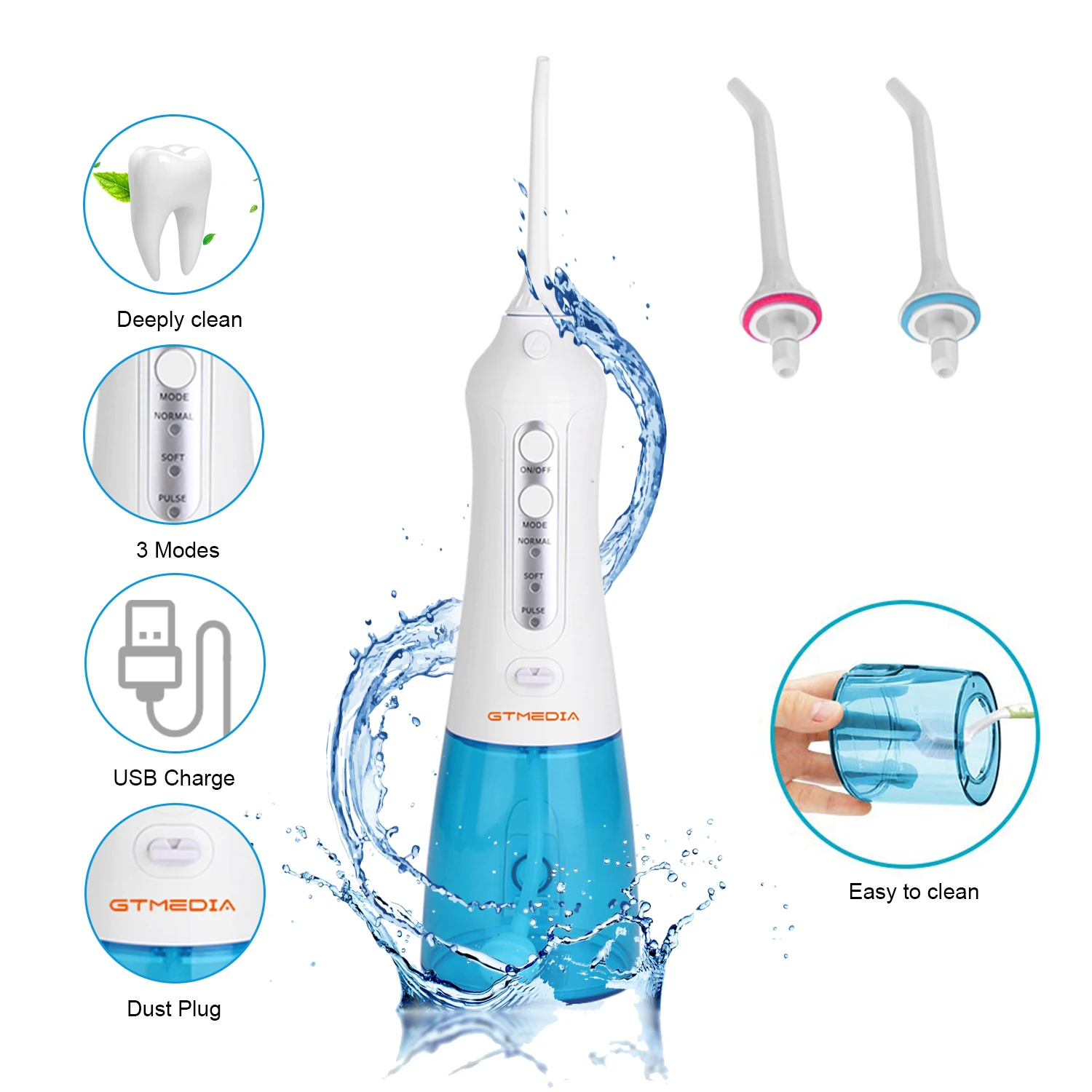 Irrigador oral USB recargable de hilo de agua Chorro de agua dental portátil Tanque de agua de 300 ml Limpiador de dientes