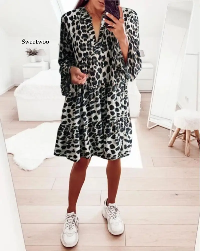 Big Size Ladies Dress Leopard Print High Waist V-neck Bell Sleeve Summer Beach Short Dresses Vestido