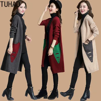 

TUHAO 2019 Long Vintage Knit Women Coats Female Long-Style Knit Outer Garment Women Sweater Patchwork Cardigan Overcoat HC161