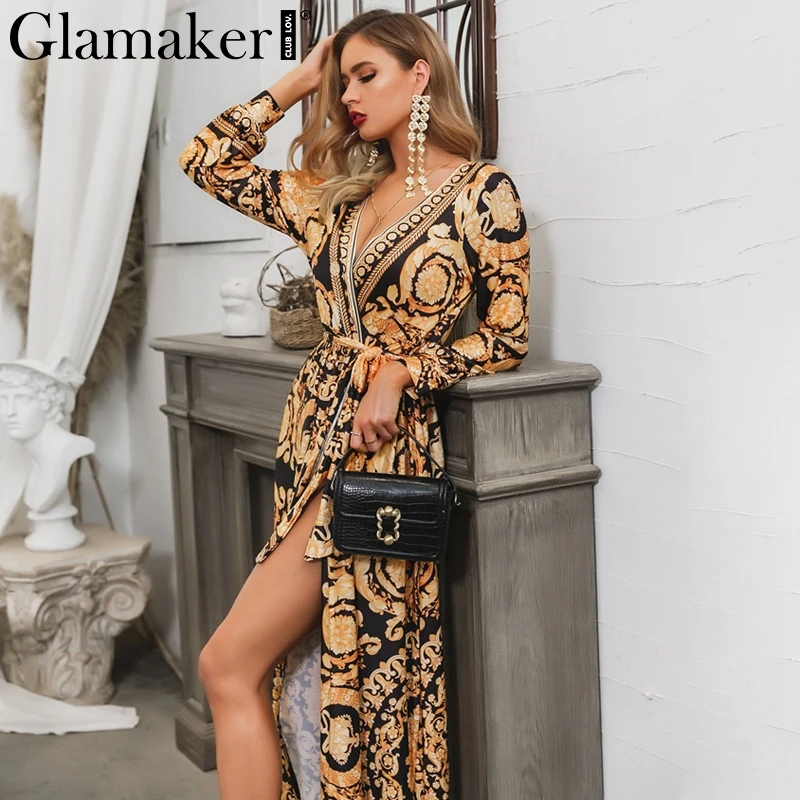 Glamaker, винтажное, с разрезом, сексуальное, бохо, платье для женщин, осень, элегантное, с принтом, макси, платье с длинным рукавом, Пейсли,, для вечеринок, Клубное платье, Халат