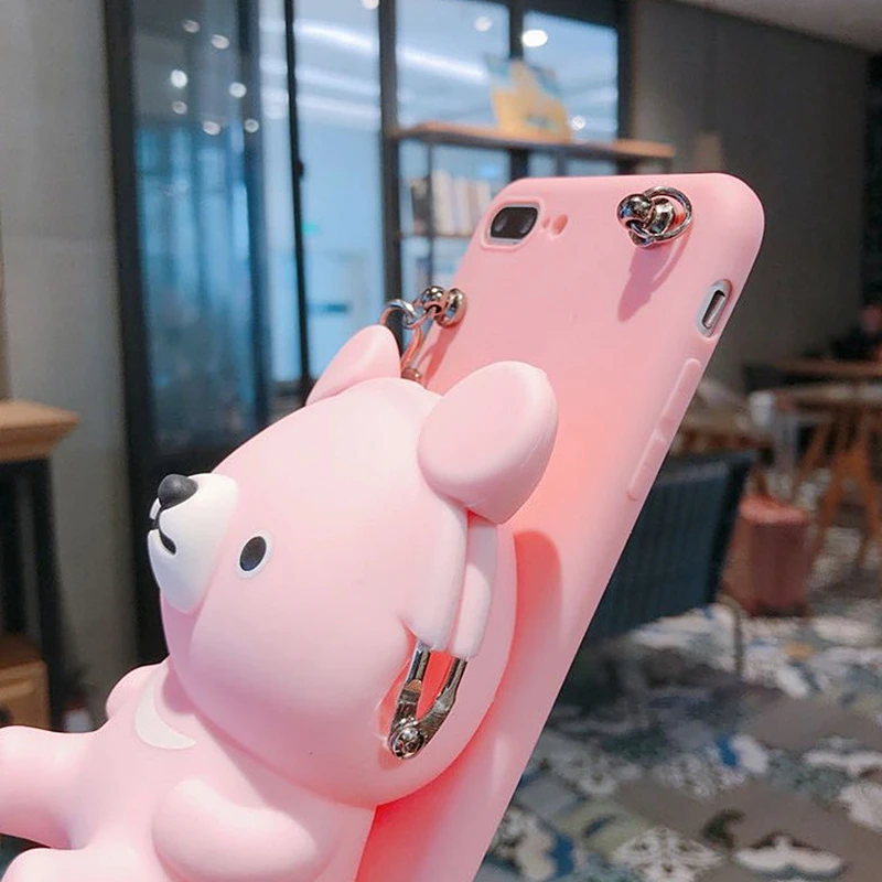 Мягкий силиконовый чехол с милым объемным рисунком медведя для iphone 7, чехол 6, 8 Plus, X, XS, Max, XR, кошелек для карт, защита от падения, ремешок, чехол