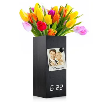 

Wooden Alarm Clock & Pen Organizer Voice Control Electric Smart LED Travel Digital Desk Clock Desktop Office Pencil Holder