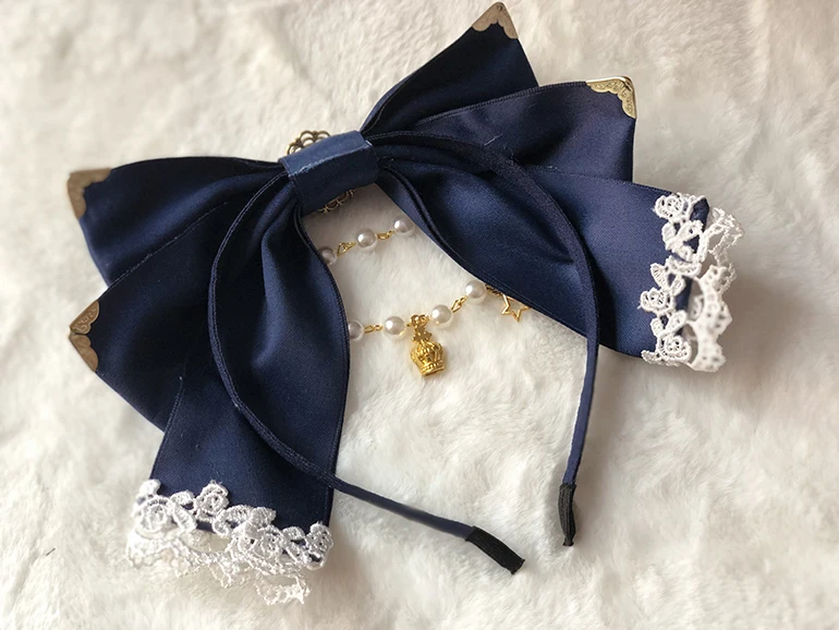 Сладкий головной убор ручной работы бант Hairband KC обруч с лентой Лолита кружева жемчужная цепь дизайн милый красный синий