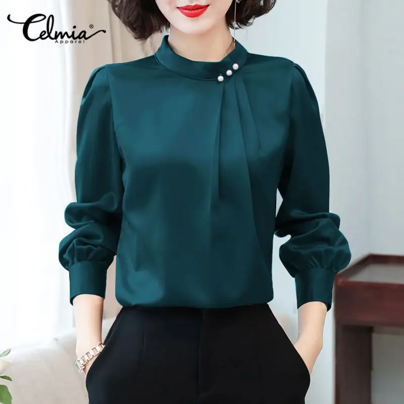 

Celmia Fashion Satin Blouses Women Long Sleeve Slik Tops Elegant Office Shirt 2020 Autumn Stand Collar Casual Solid Party Blusas