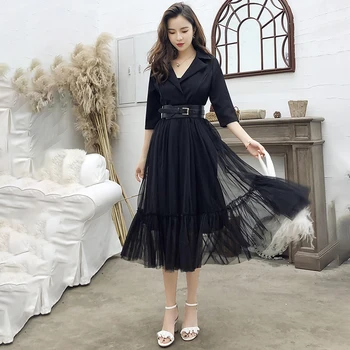 

Notched Blazer Dress Women Black White Office Lady Mesh Patchwork Long Midi Dress with Belt Elegant Party Dress Autumn 2020 A390