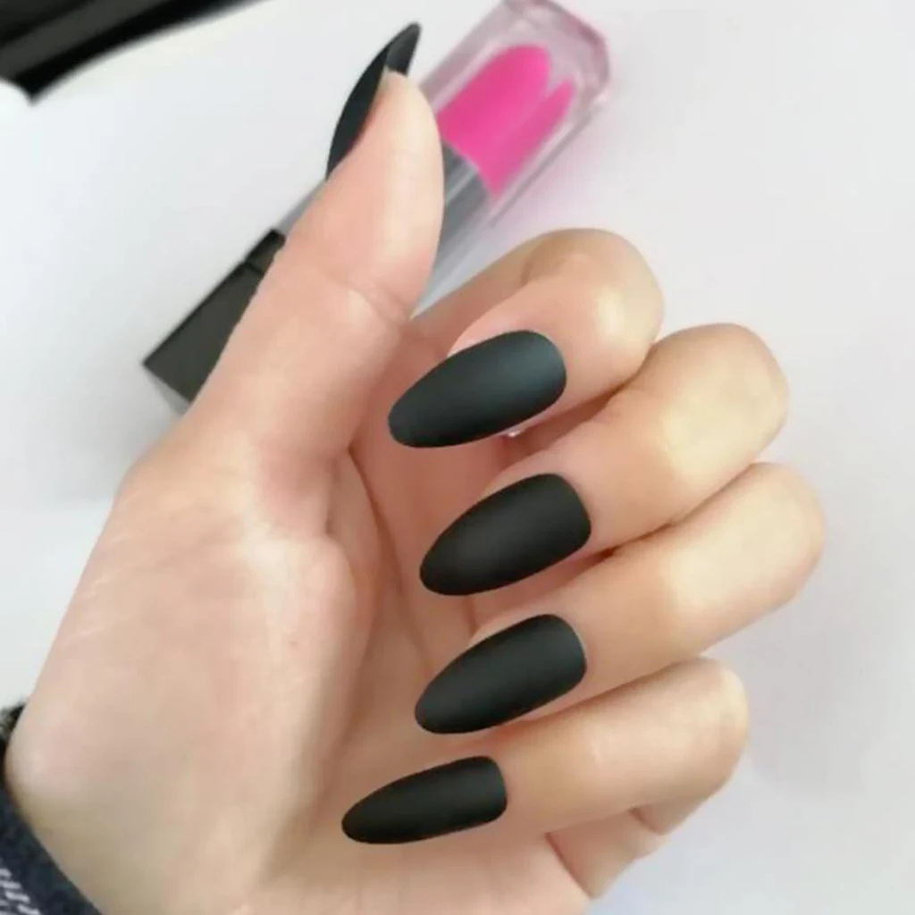 24Pcs Black False Nail Tips Fake Nail Tips Stiletto Nails Matte with Glossy Finish for DIY Nails Art at Home Salon