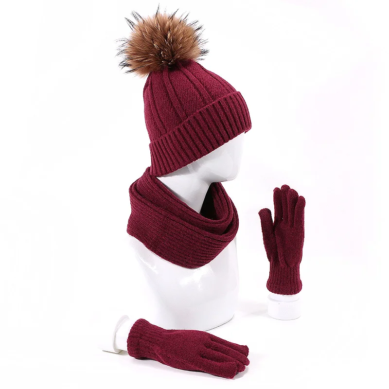Модный вязаный шарф шапка и наборы с перчатками сплошной цвет настоящий помпон мех шапки зимние хлопковые толстые теплые уличные удобные Лыжные шапки - Цвет: G