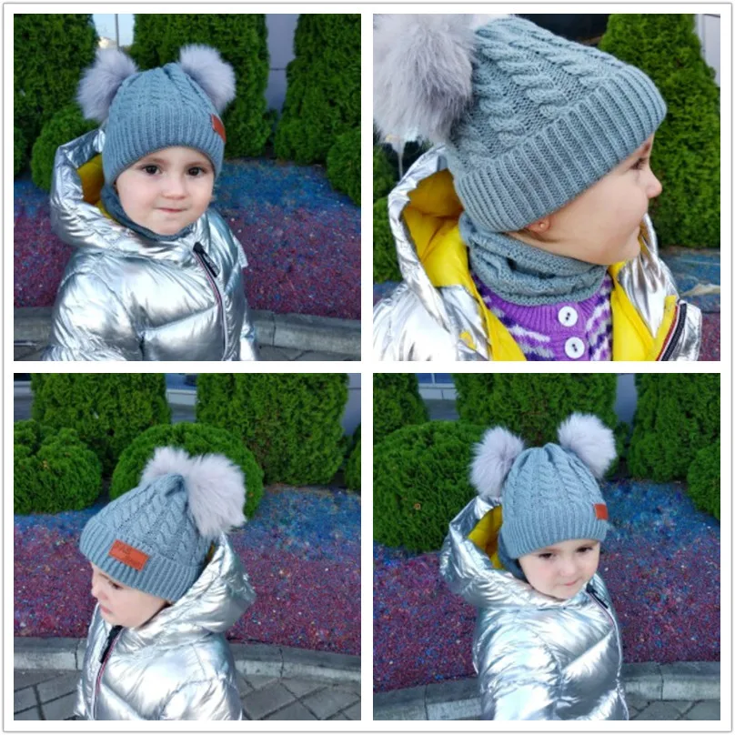 Модная теплая зимняя шапка с меховым помпоном и шарф, комплекты для детей, для девочек, комплект из 2 предметов, вязаная шапка унисекс, шарф, теплые аксессуары